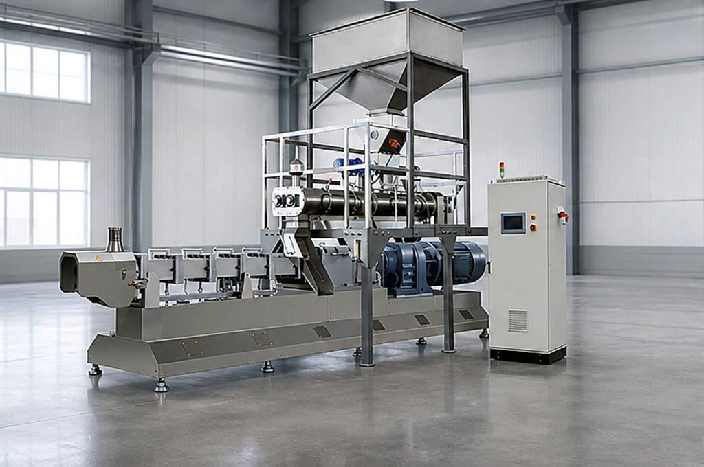 Food screw conveyor and twin-screw extrusion line in a factory