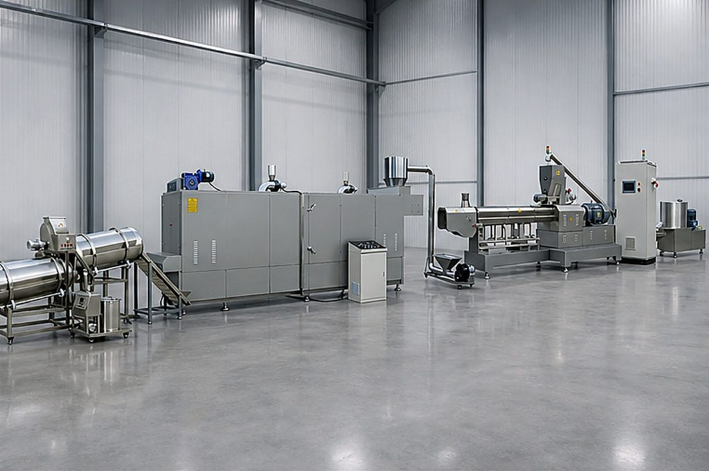 Industrial pet food extrusion line for dry kibble production