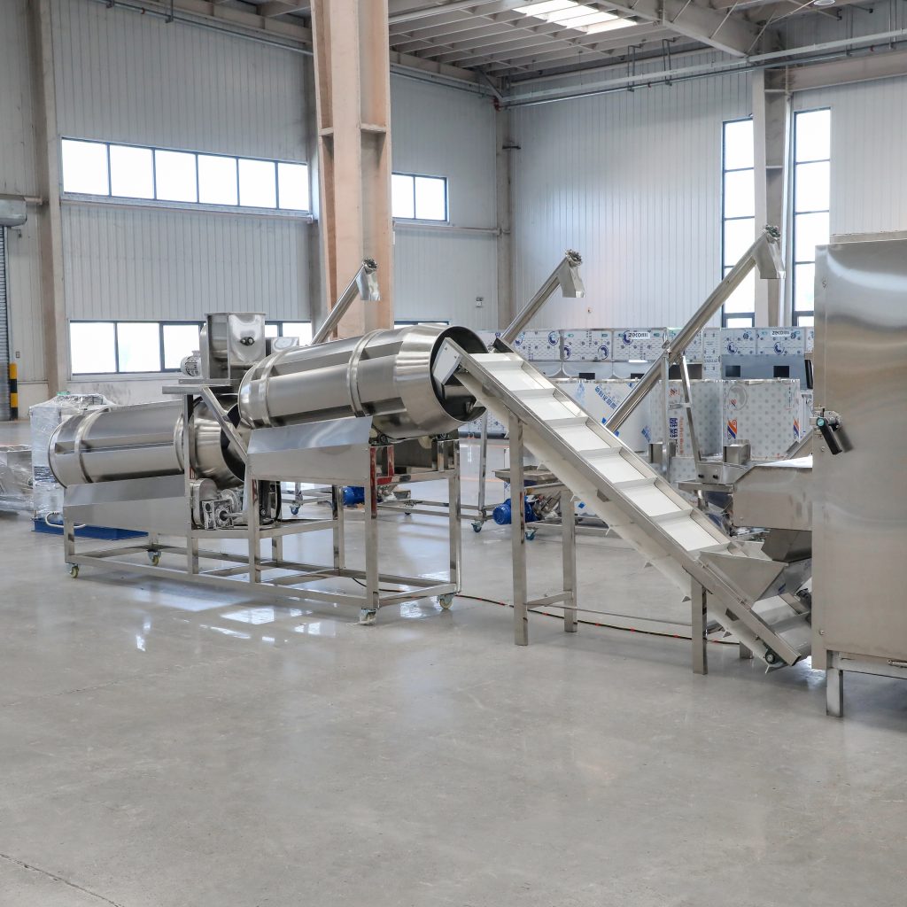 Conveyors and rotary processing equipment arranged for food production line planning